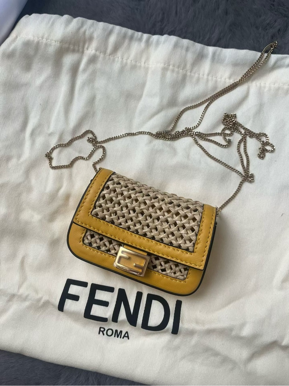 Fendi Yellow Leather & Woven nano Shoulder Bag